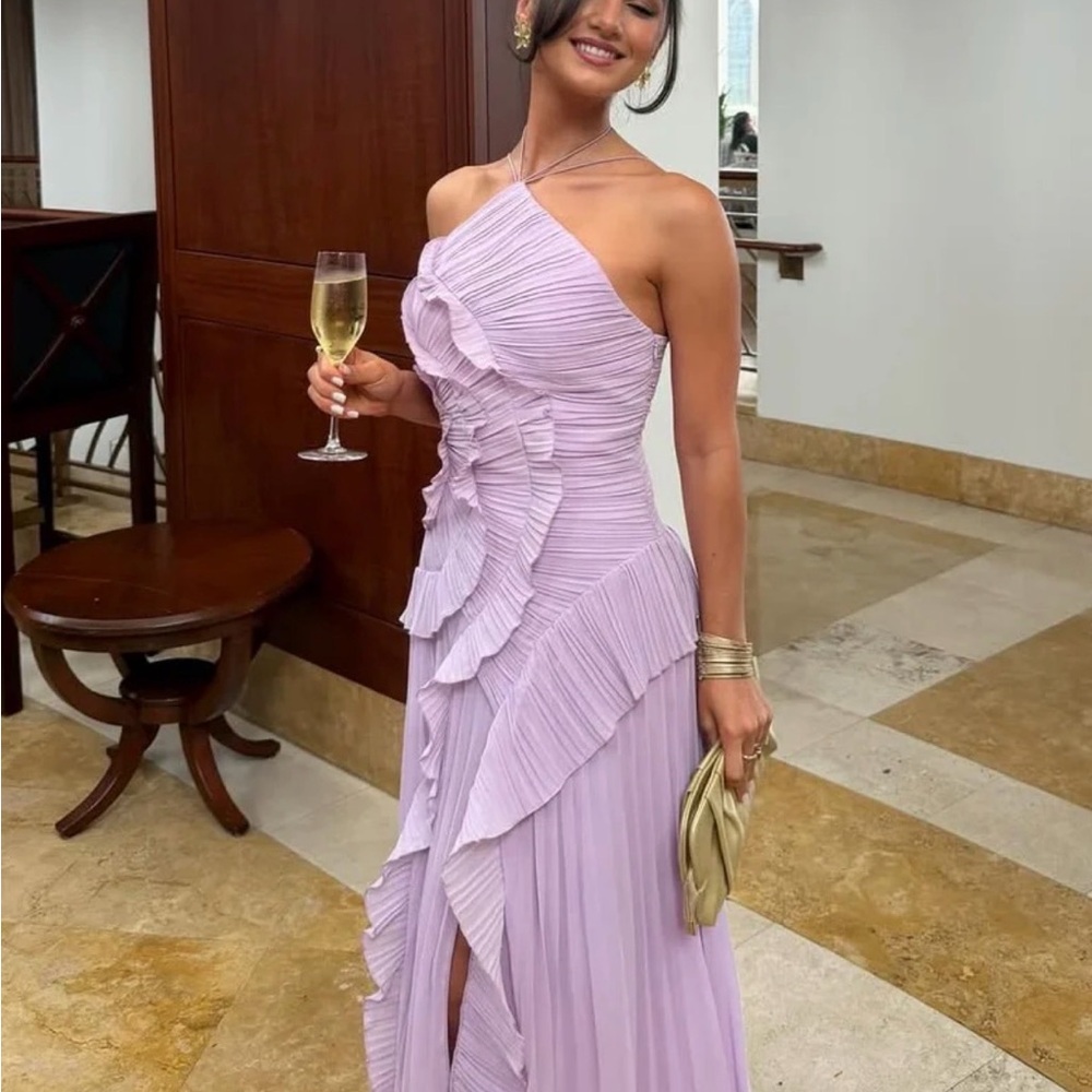 hazel Lilac Strapless Pleated Ruffle Gown